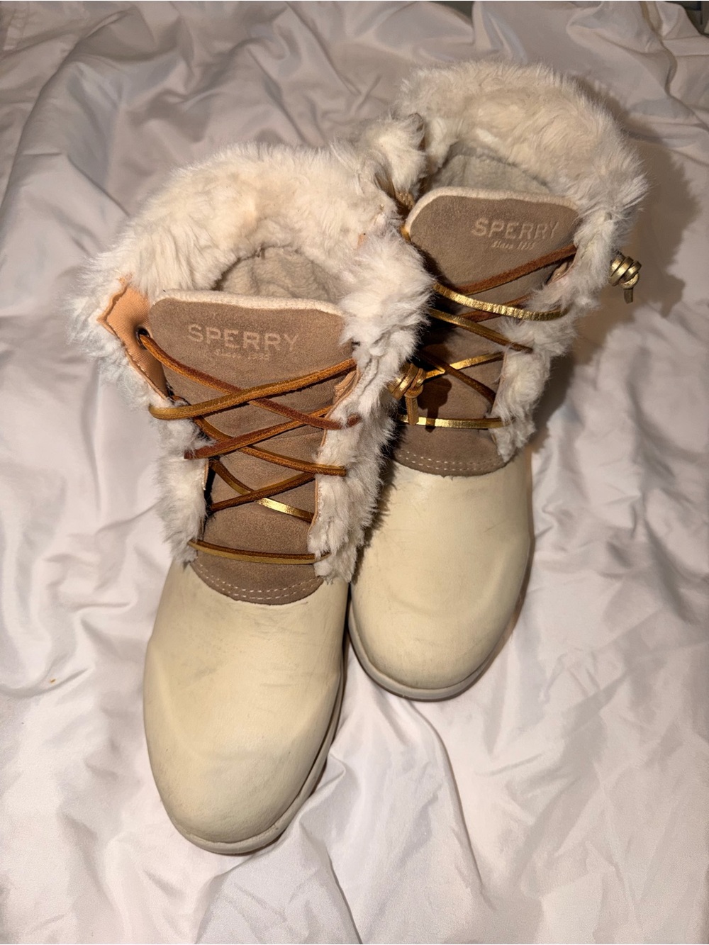 Sperry Cream Faux-Fur Lace-Up Winter Boots